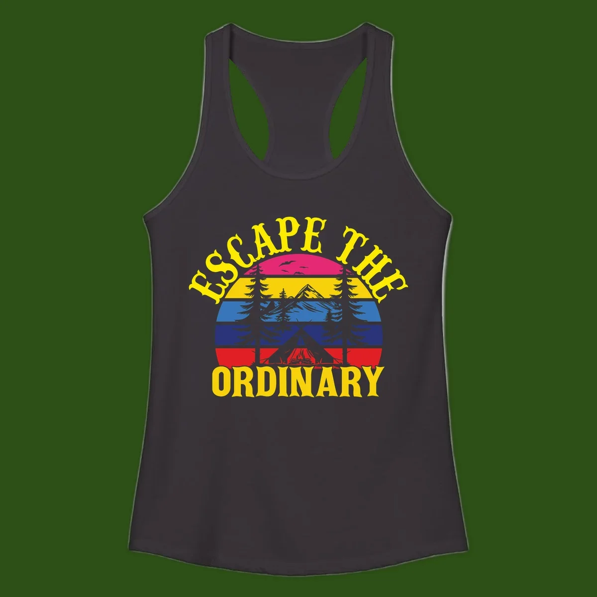 Safe Thru Ordinary design featuring retro horizontal stripes with integrated mountain and forest landscape imagery