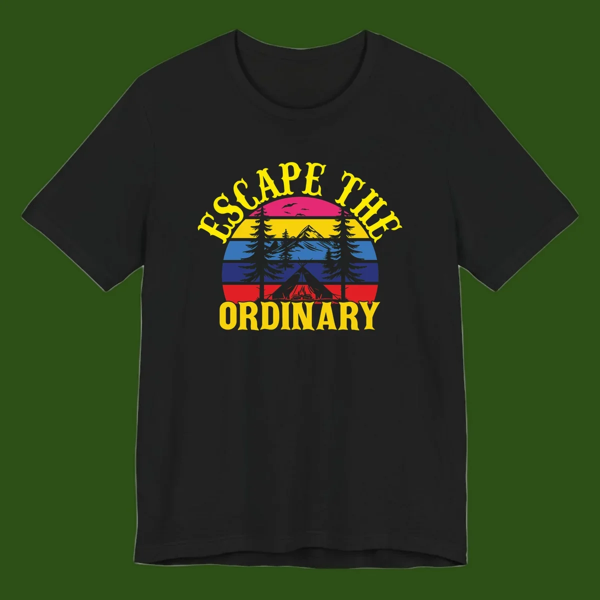 Safe Thru Ordinary design featuring retro horizontal stripes with integrated mountain and forest landscape imagery
