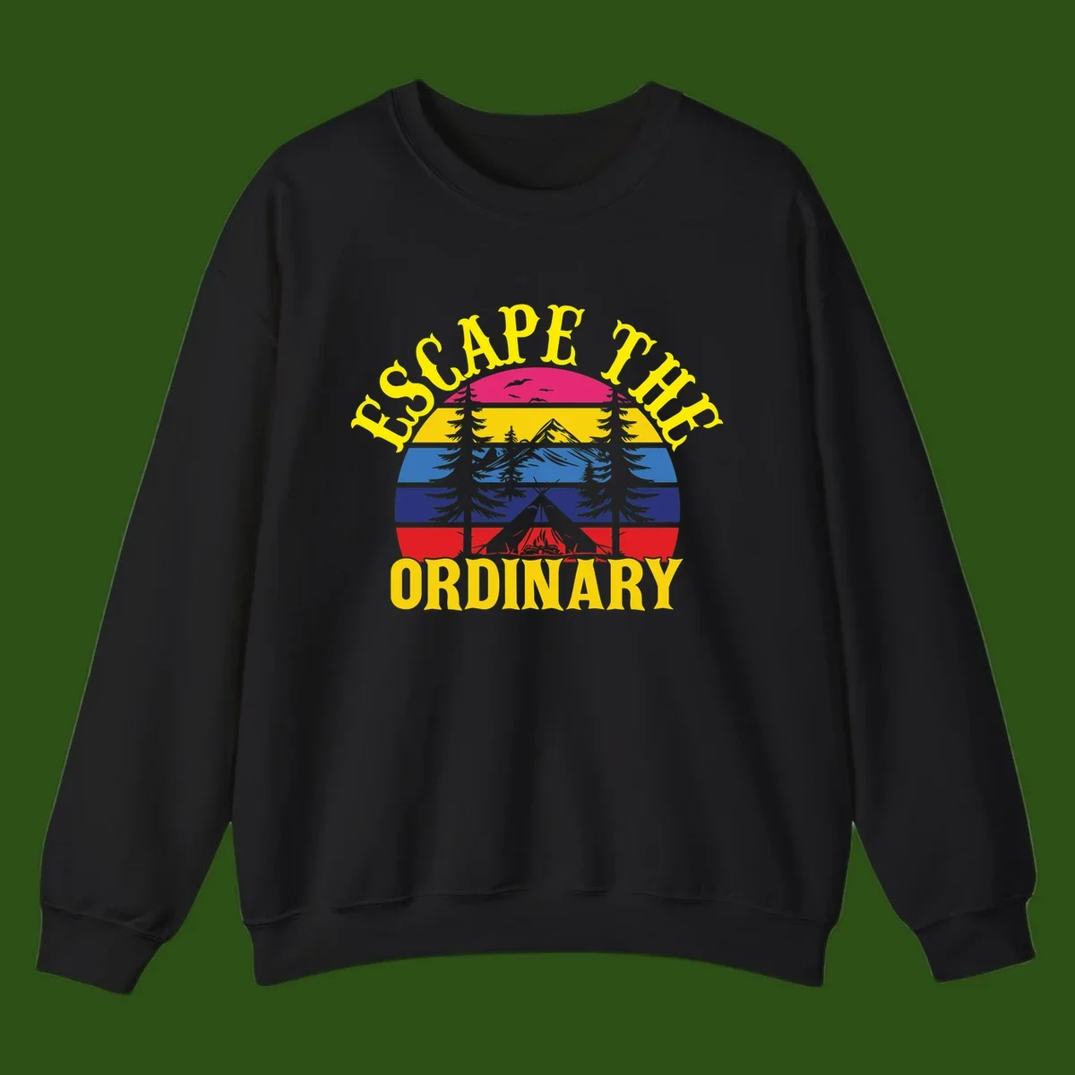 Safe Thru Ordinary design featuring retro horizontal stripes with integrated mountain and forest landscape imagery