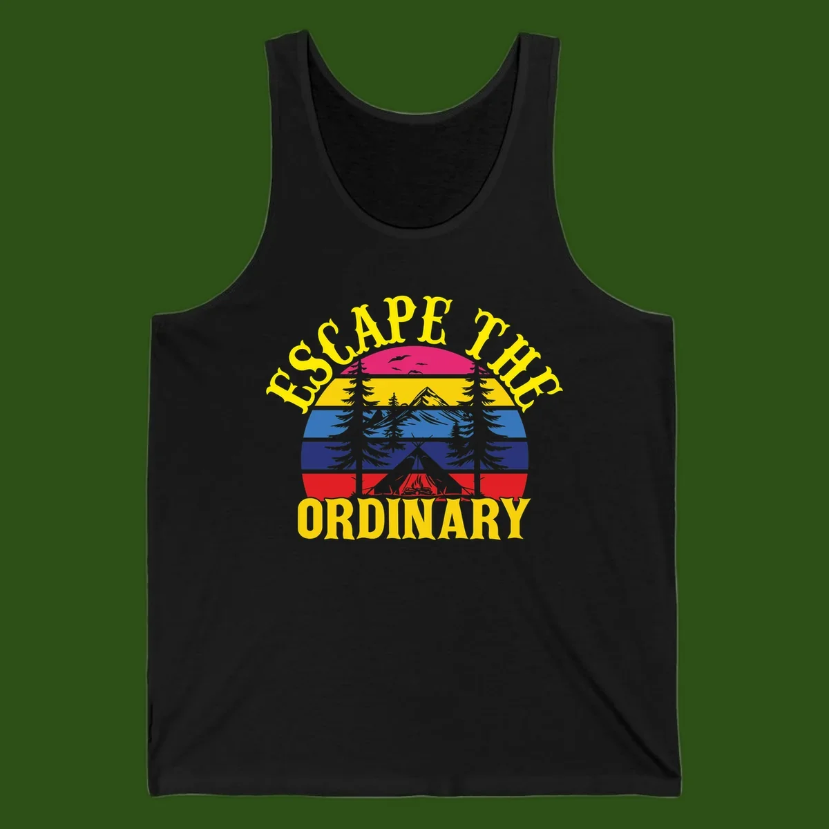 Safe Thru Ordinary design featuring retro horizontal stripes with integrated mountain and forest landscape imagery