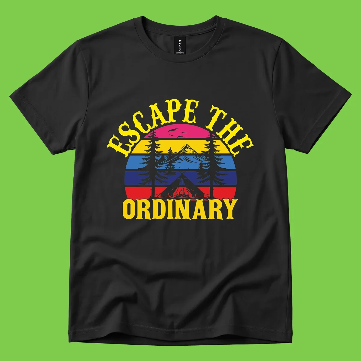 Safe Thru Ordinary design featuring retro horizontal stripes with integrated mountain and forest landscape imagery