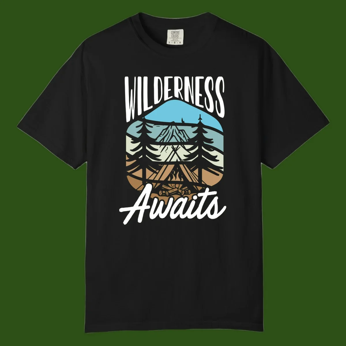Wilderness awaits layered design showing mountain, forest, and underground ecosystem cross-section with white text.
