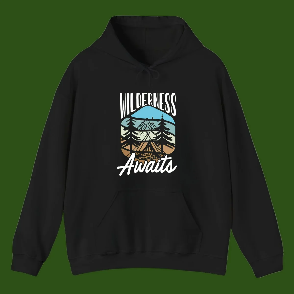 Wilderness awaits layered design showing mountain, forest, and underground ecosystem cross-section with white text.