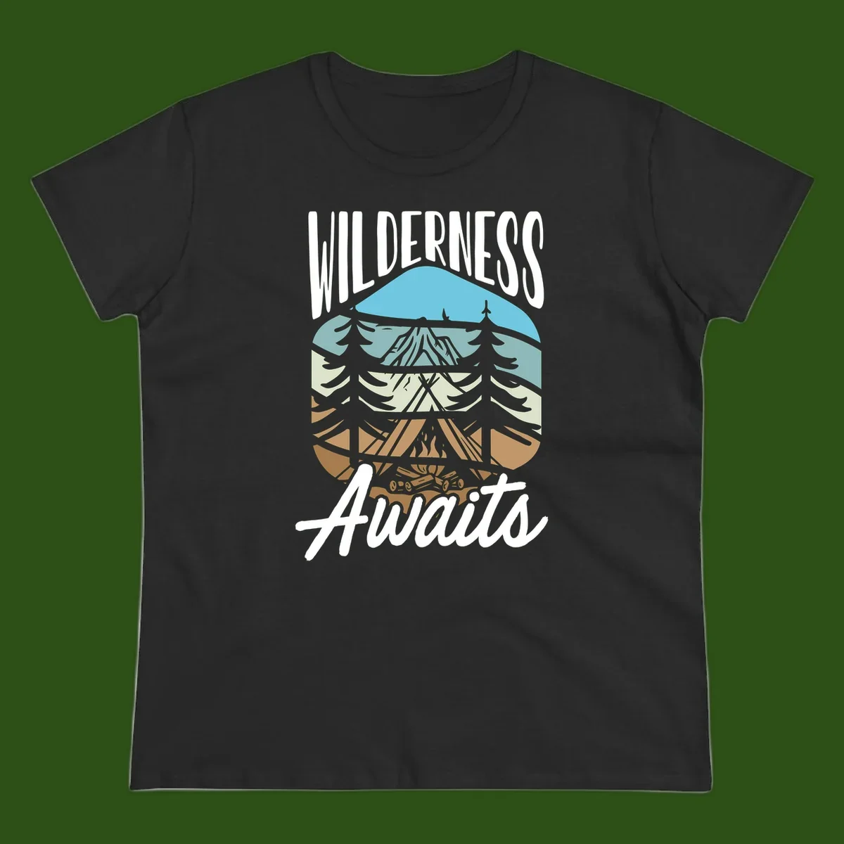 Wilderness awaits layered design showing mountain, forest, and underground ecosystem cross-section with white text.