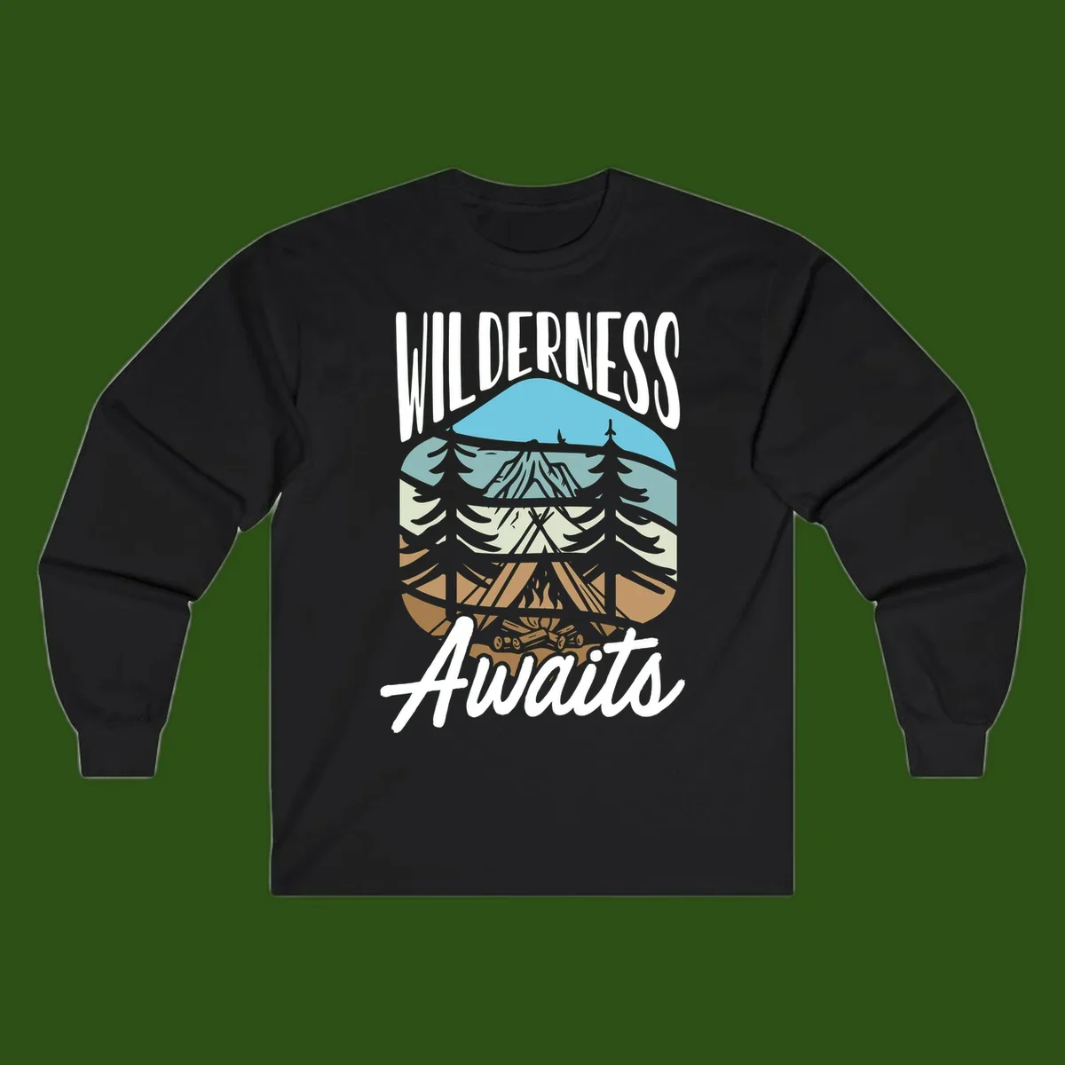 Wilderness awaits layered design showing mountain, forest, and underground ecosystem cross-section with white text.