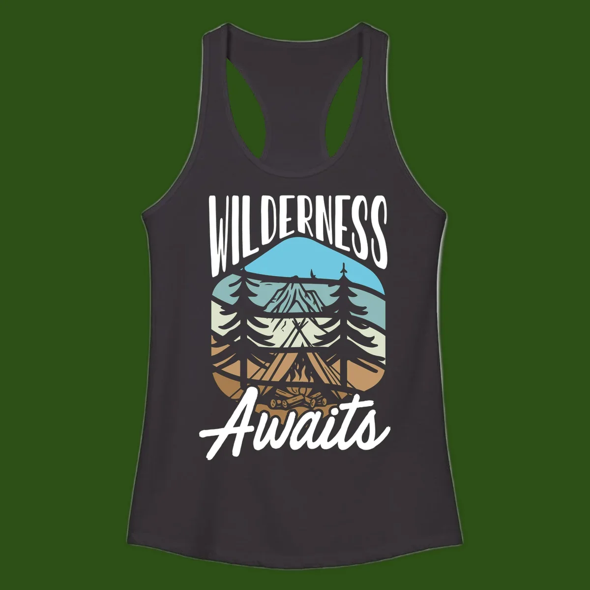 Wilderness awaits layered design showing mountain, forest, and underground ecosystem cross-section with white text.