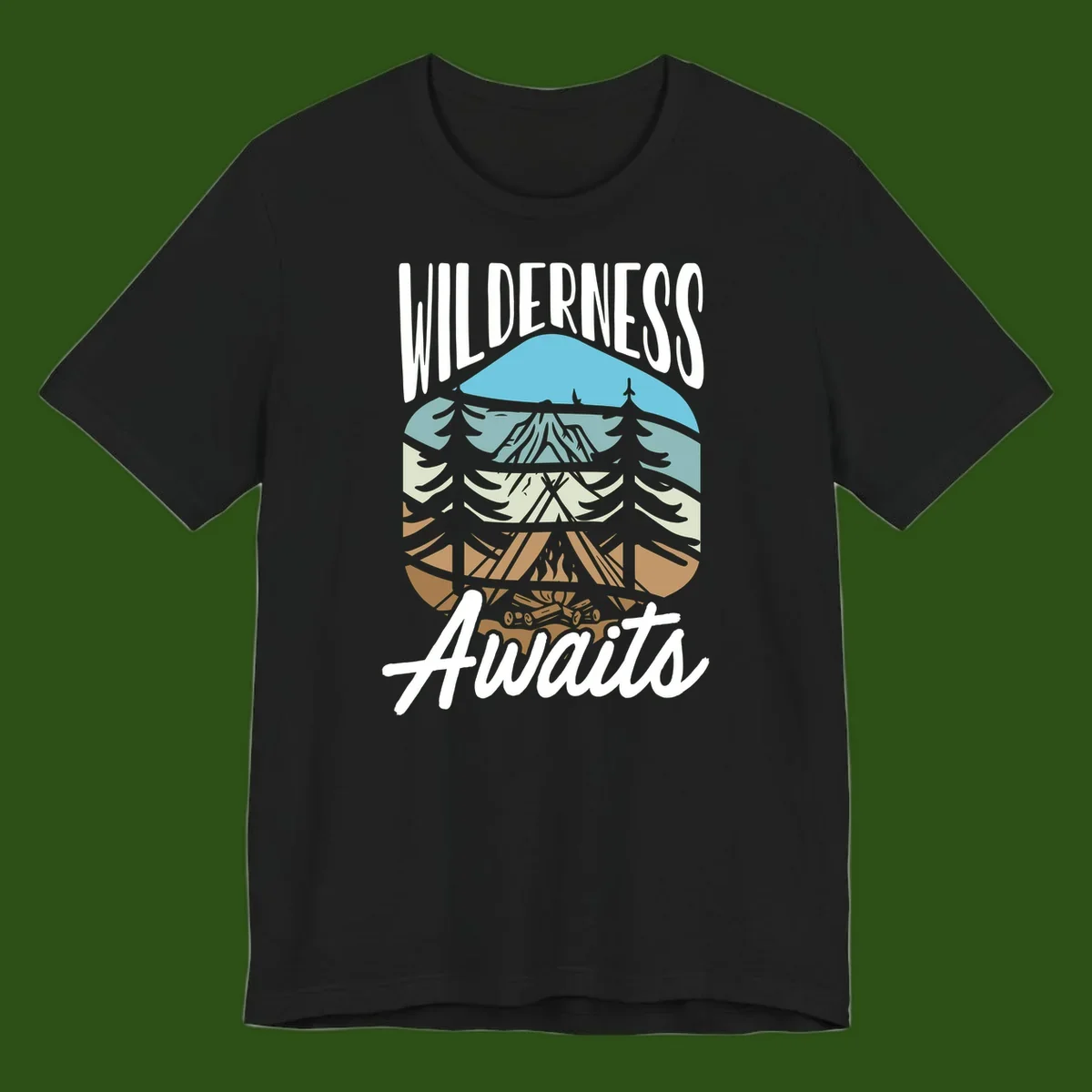 Wilderness awaits layered design showing mountain, forest, and underground ecosystem cross-section with white text.
