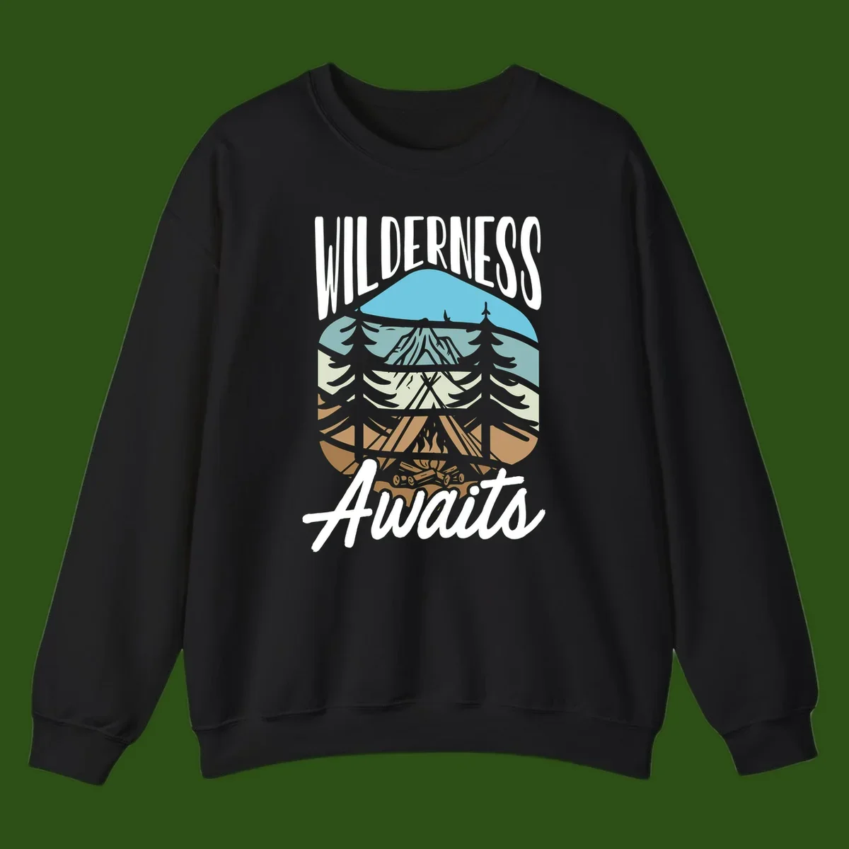 Wilderness awaits layered design showing mountain, forest, and underground ecosystem cross-section with white text.
