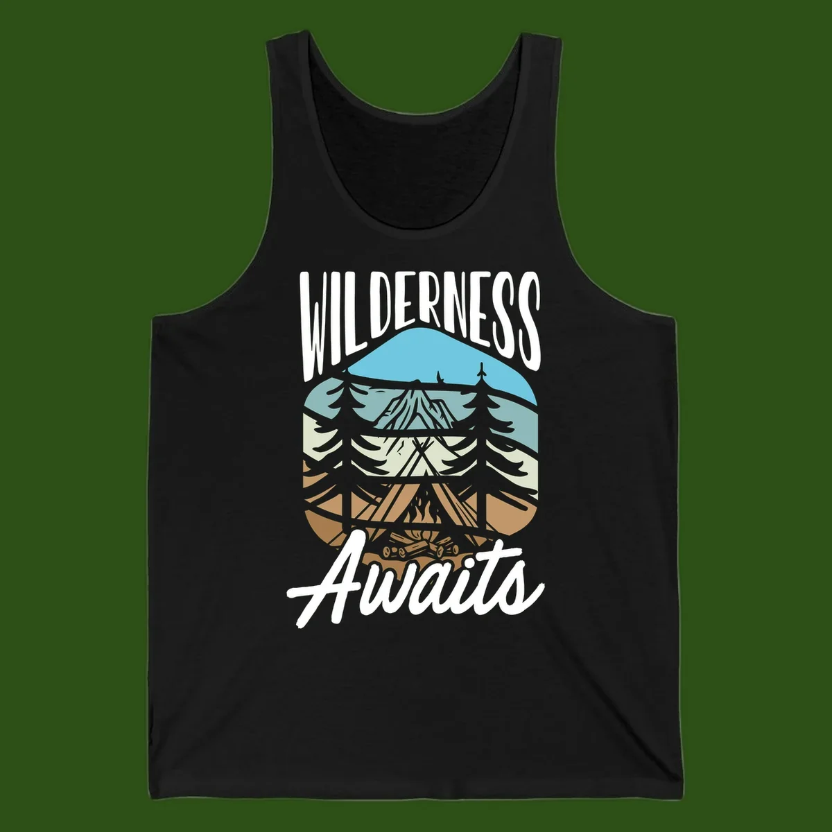Wilderness awaits layered design showing mountain, forest, and underground ecosystem cross-section with white text.