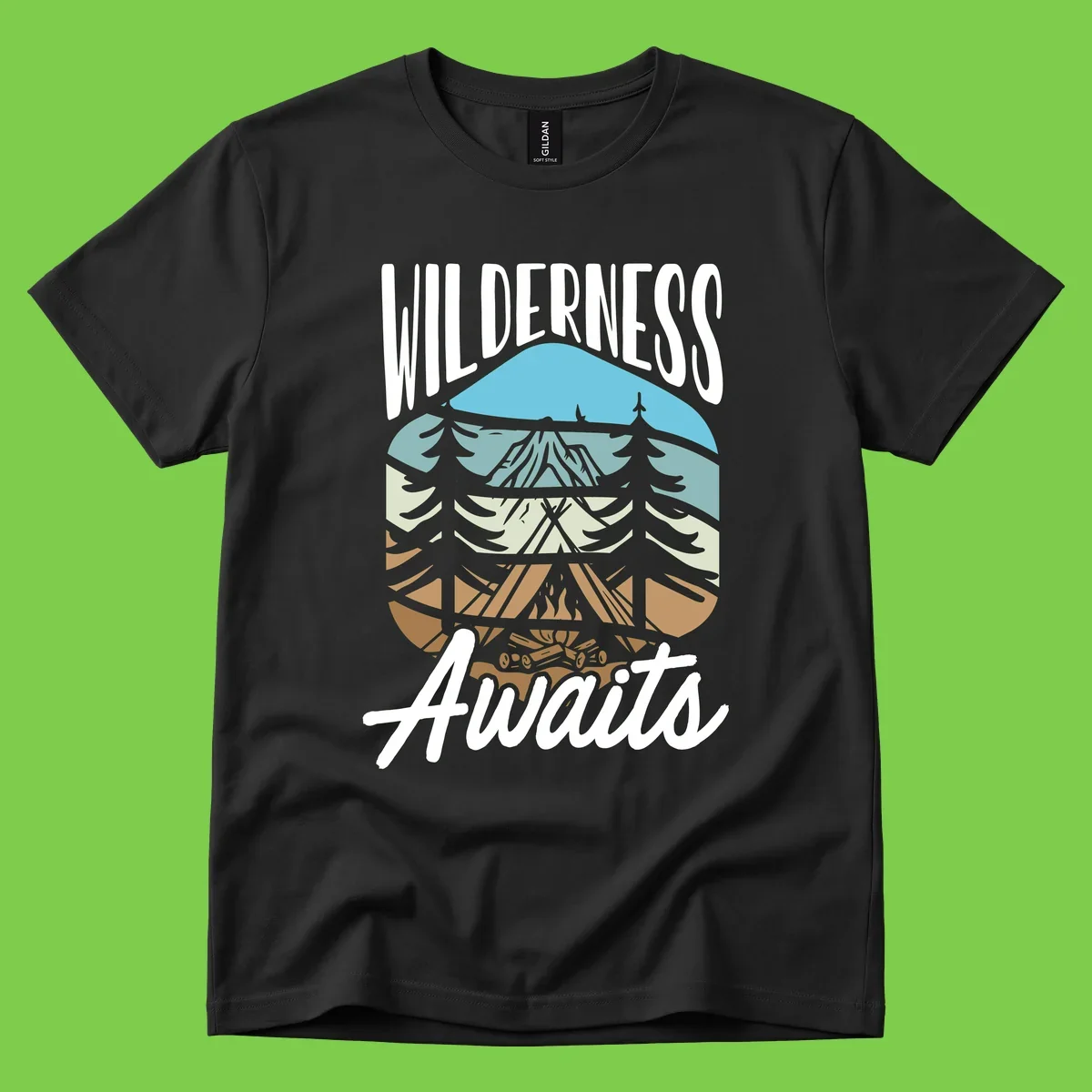Wilderness awaits layered design showing mountain, forest, and underground ecosystem cross-section with white text.