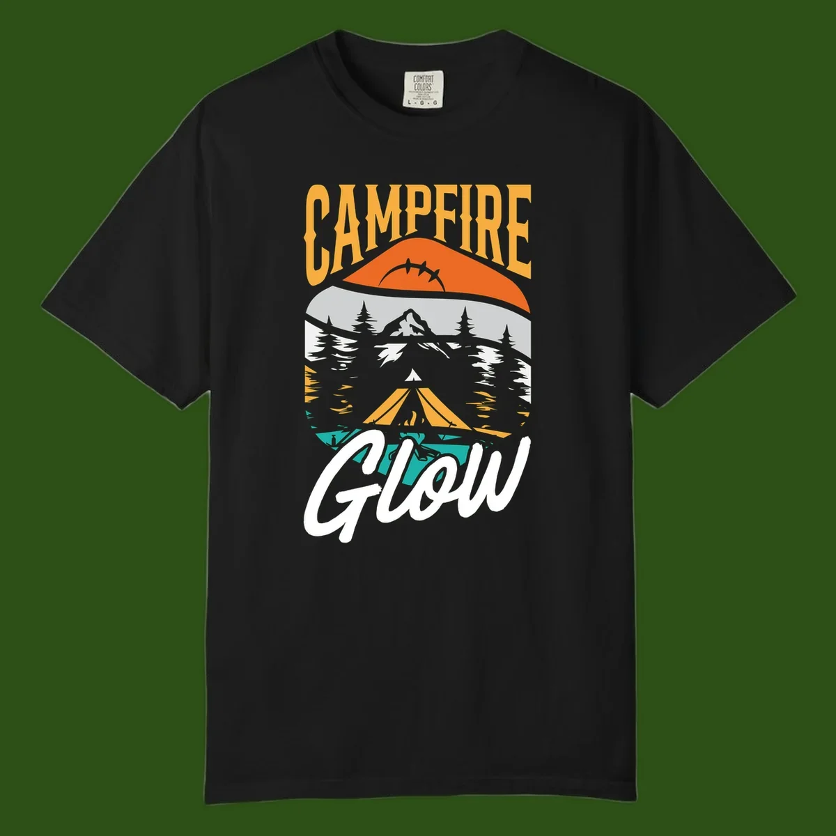 Campfire glow camping design with tent, mountain, pine trees and sunset illustration in orange, gold and teal colors