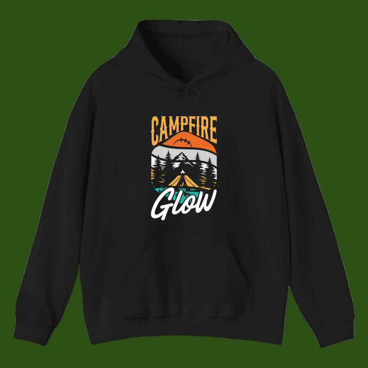 Campfire glow camping design with tent, mountain, pine trees and sunset illustration in orange, gold and teal colors