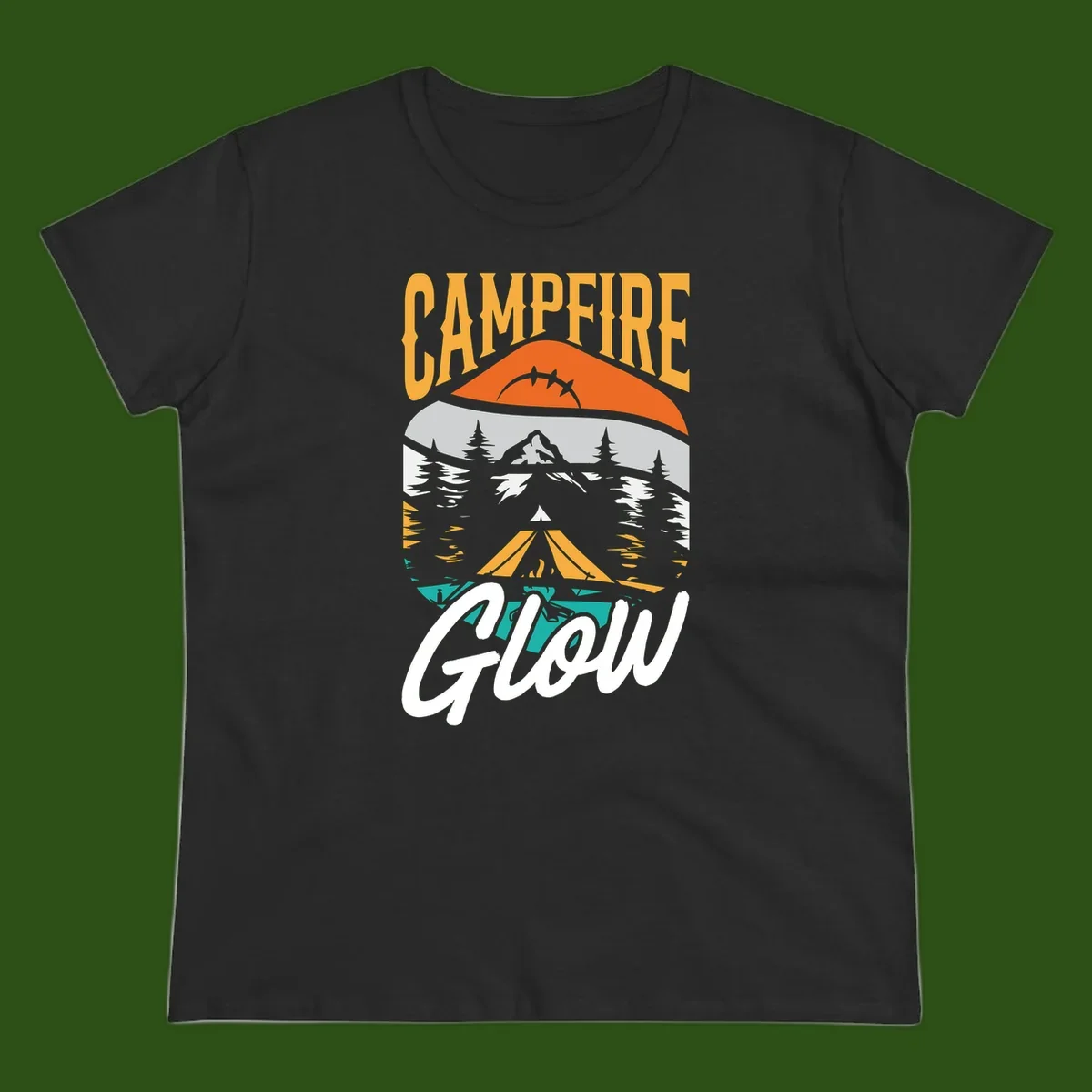 Campfire glow camping design with tent, mountain, pine trees and sunset illustration in orange, gold and teal colors