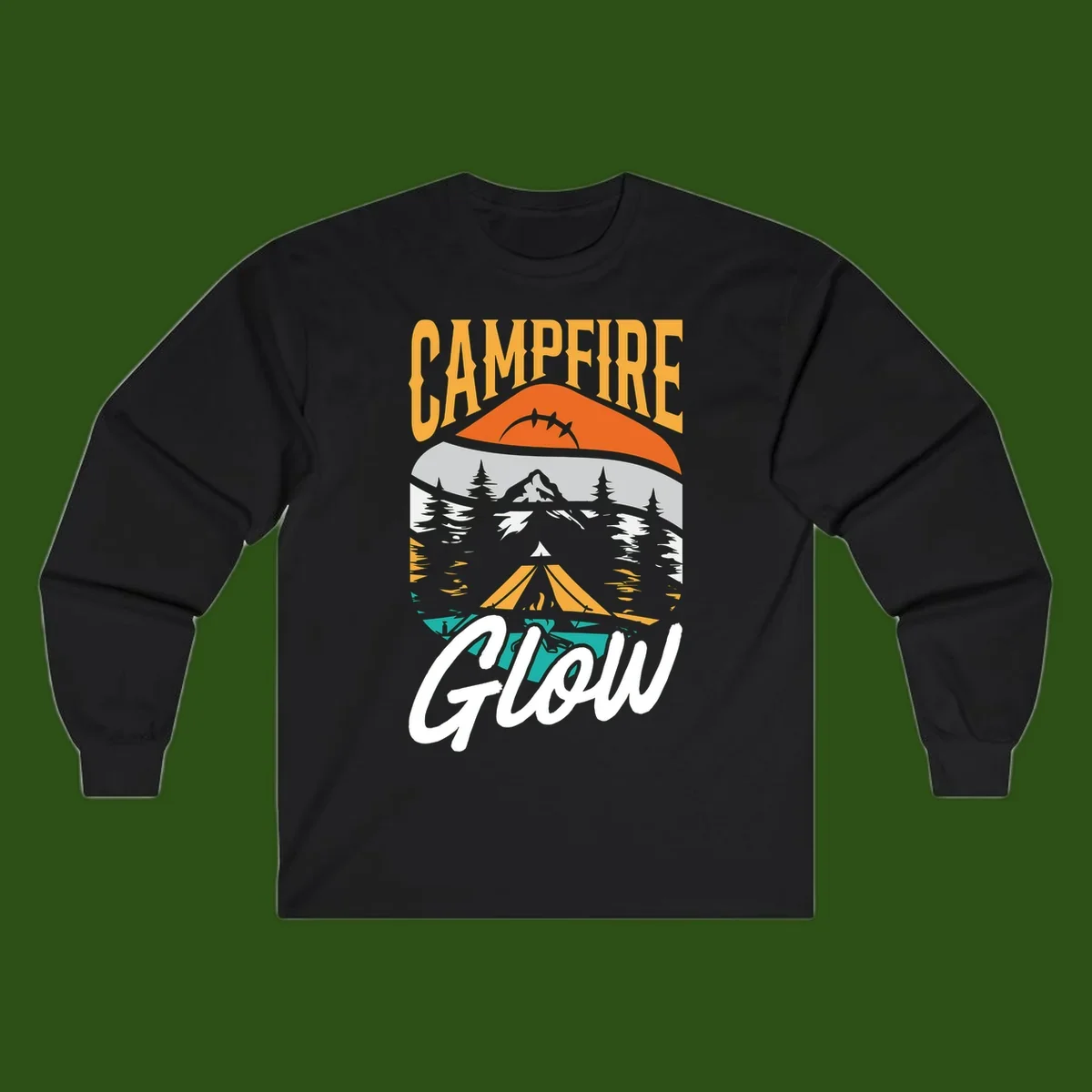 Campfire glow camping design with tent, mountain, pine trees and sunset illustration in orange, gold and teal colors