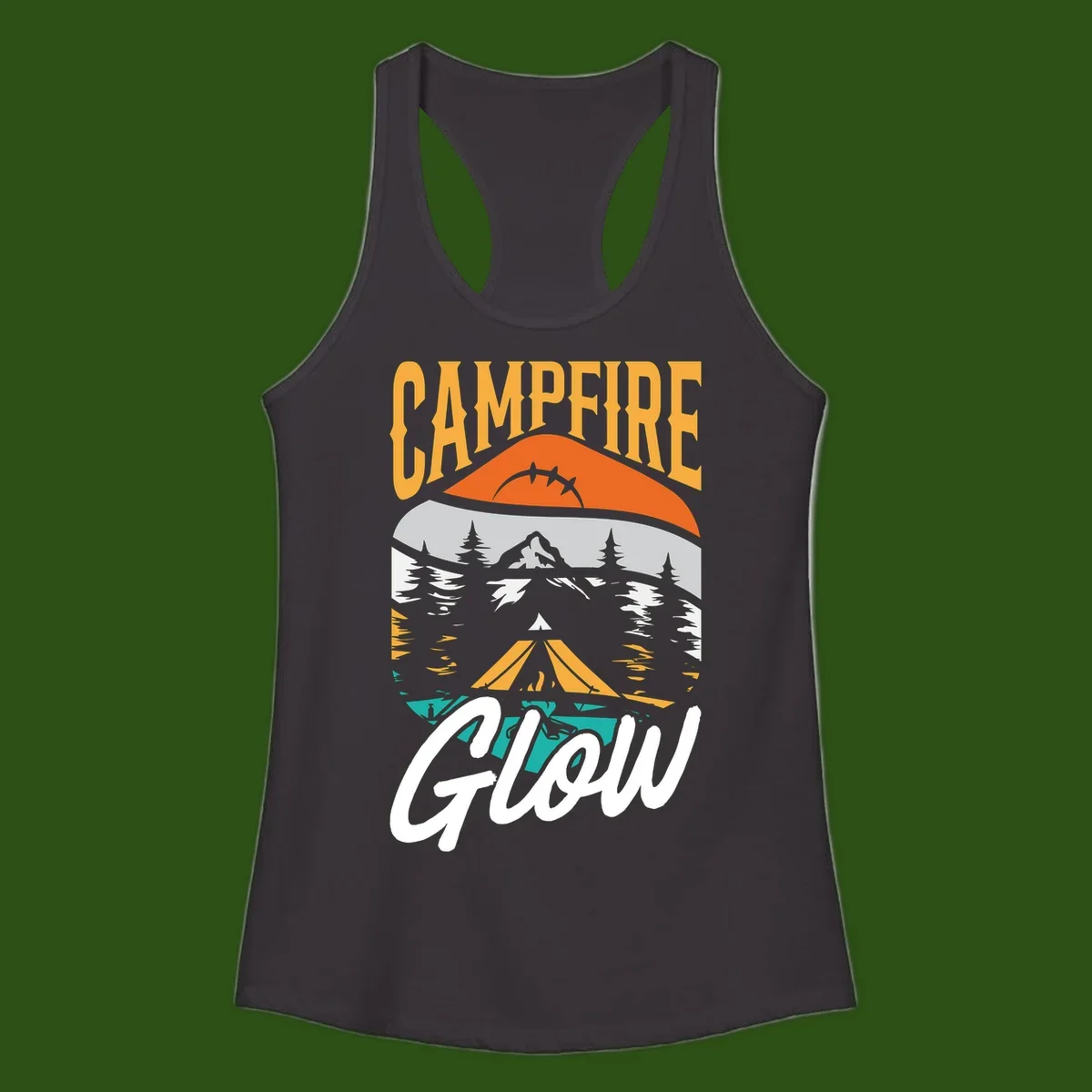 Campfire glow camping design with tent, mountain, pine trees and sunset illustration in orange, gold and teal colors