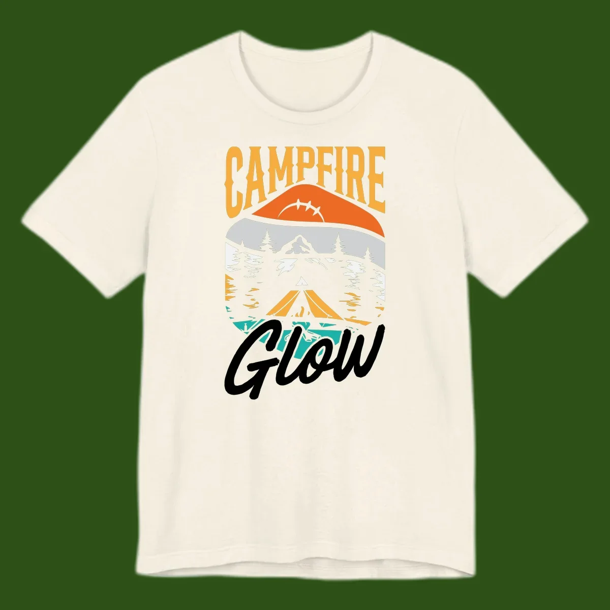 Campfire glow camping design with tent, mountain, pine trees and sunset illustration in orange, gold and teal colors