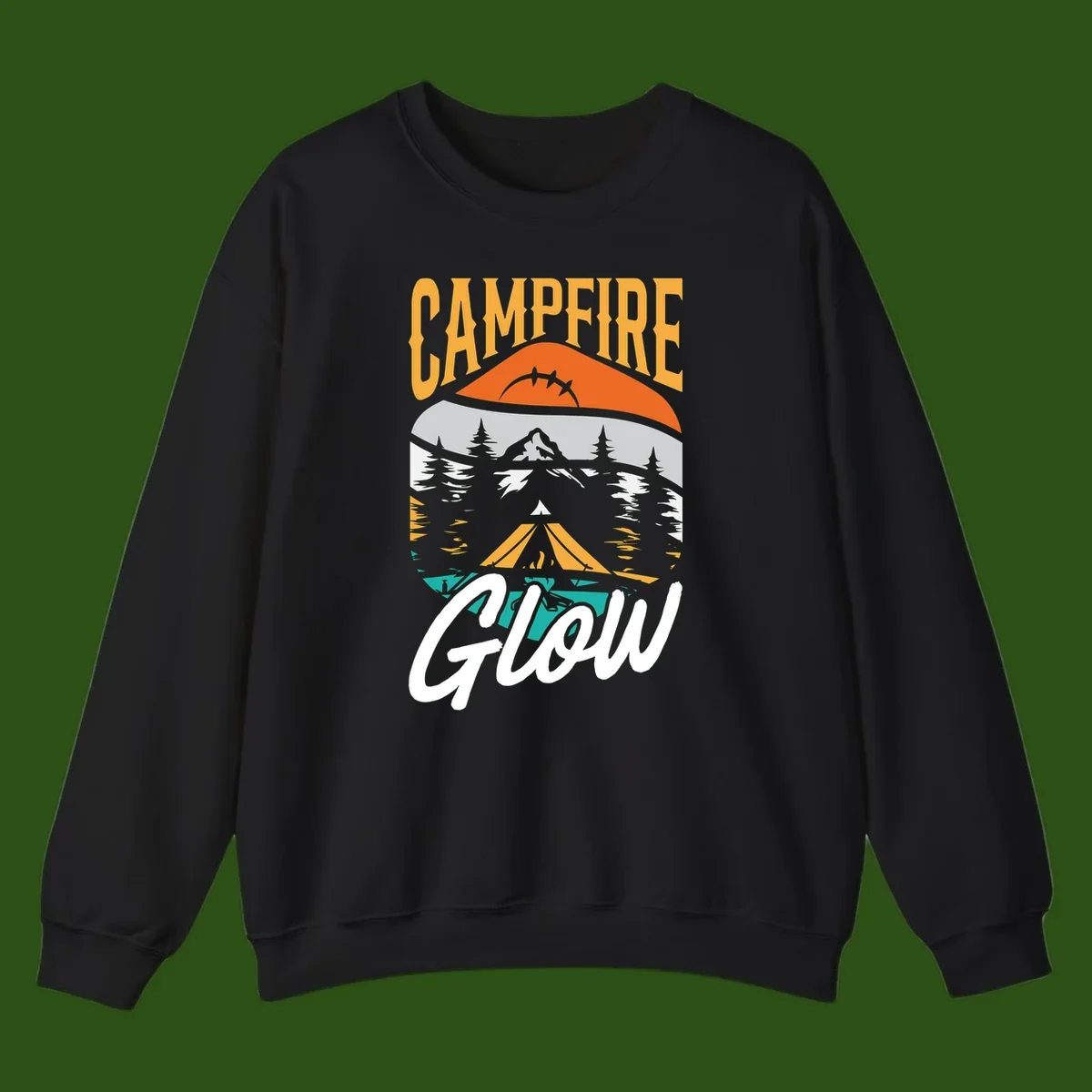 Campfire glow camping design with tent, mountain, pine trees and sunset illustration in orange, gold and teal colors
