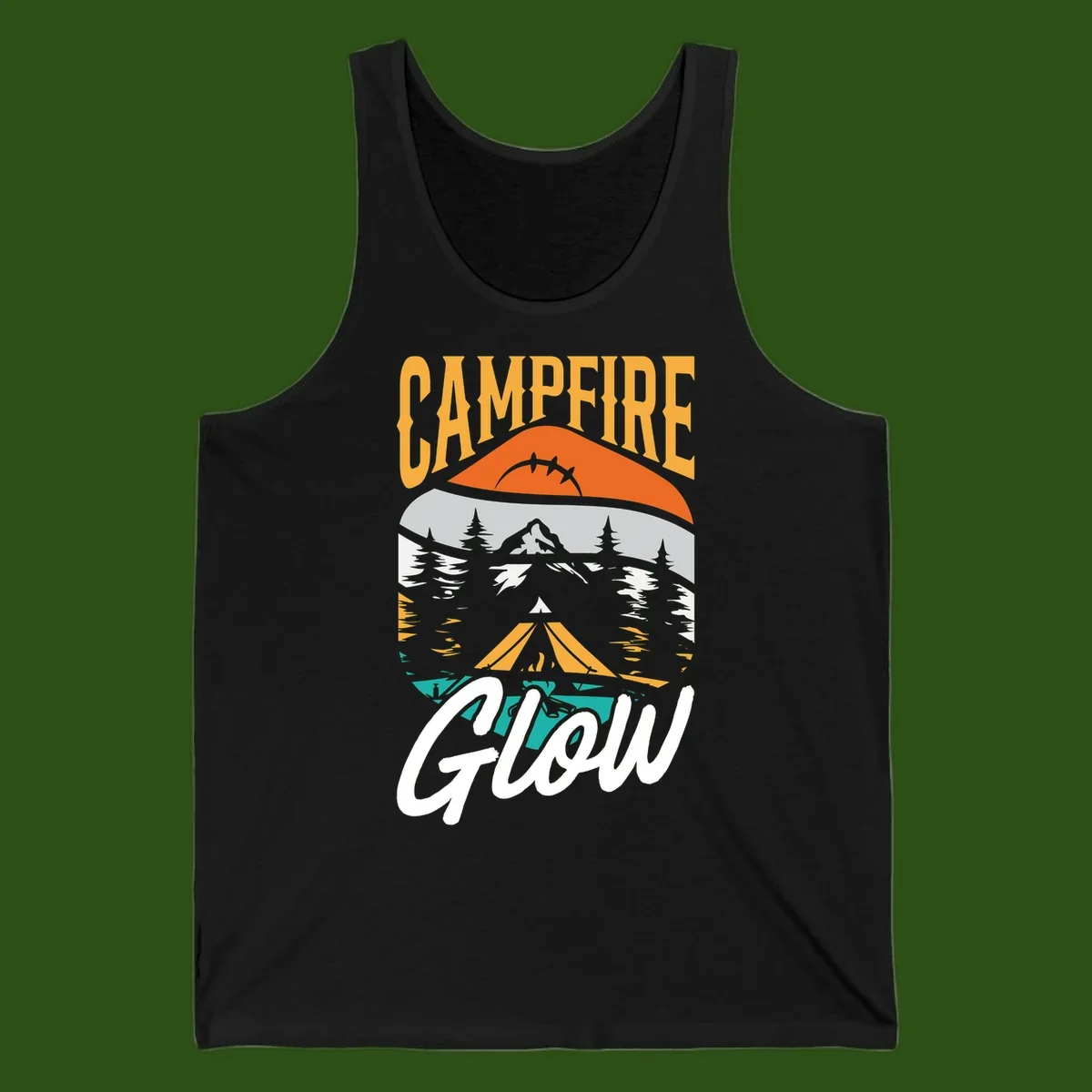 Campfire glow camping design with tent, mountain, pine trees and sunset illustration in orange, gold and teal colors