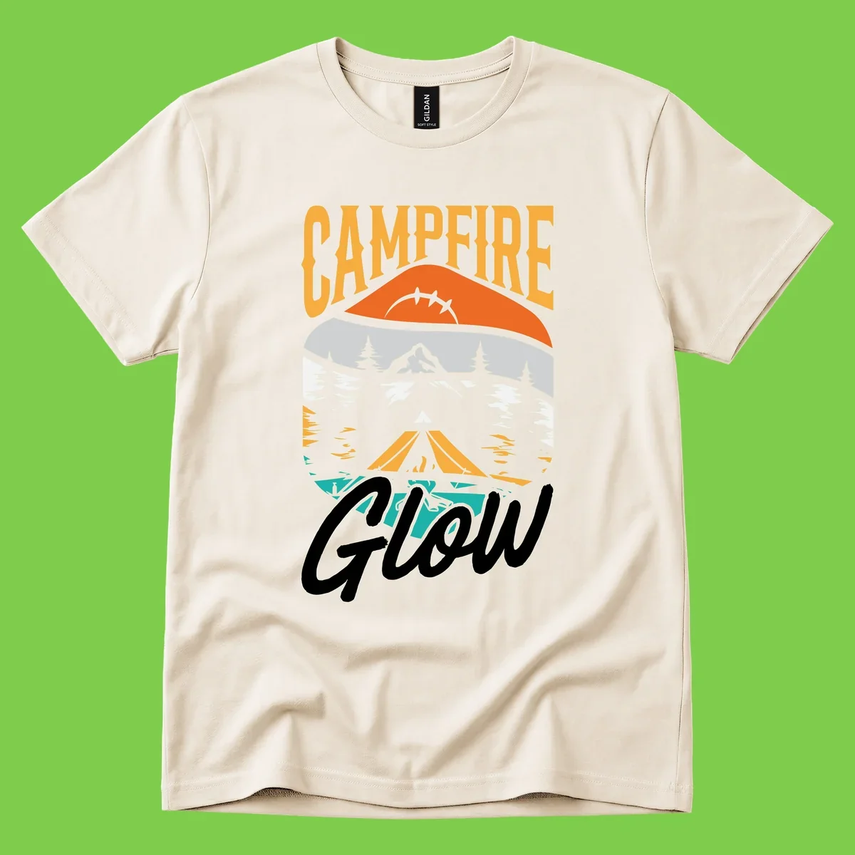 Campfire glow camping design with tent, mountain, pine trees and sunset illustration in orange, gold and teal colors