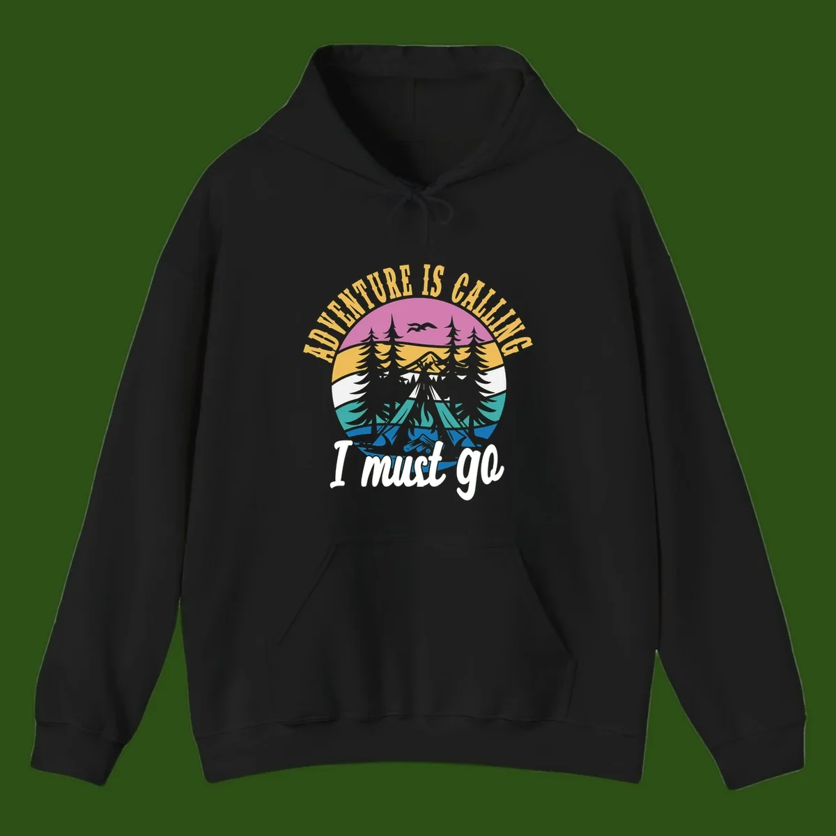 Circular badge with mountain landscape, evergreen trees, and flying birds in pink, gold, white, teal and blue with text 'Adventure Is Calling I Must Go'