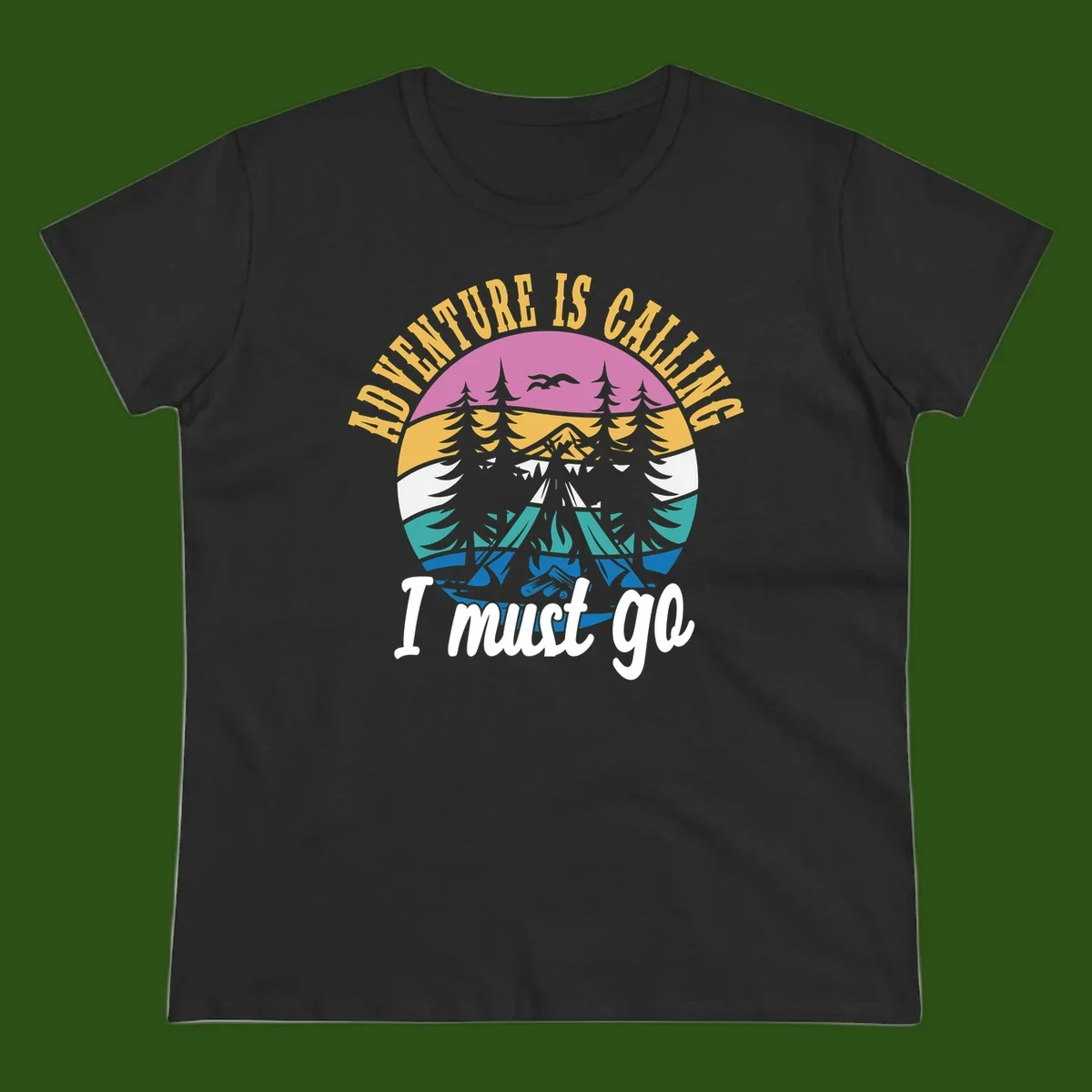 Circular badge with mountain landscape, evergreen trees, and flying birds in pink, gold, white, teal and blue with text 'Adventure Is Calling I Must Go'