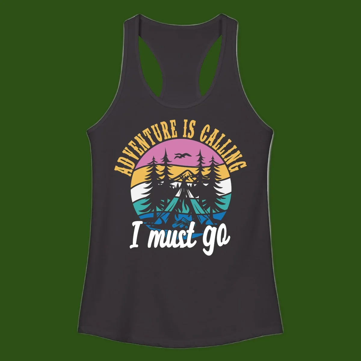 Circular badge with mountain landscape, evergreen trees, and flying birds in pink, gold, white, teal and blue with text 'Adventure Is Calling I Must Go'