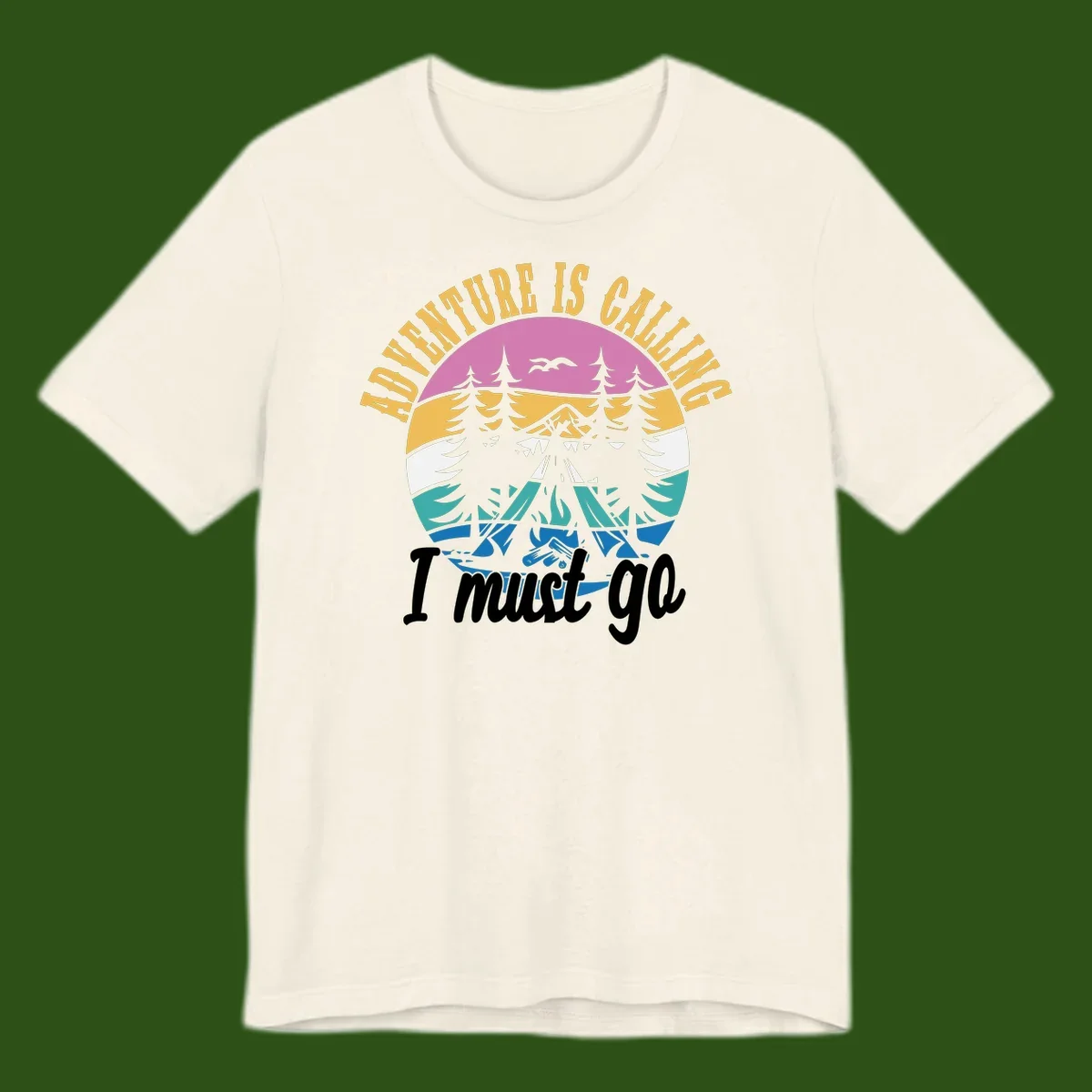 Circular badge with mountain landscape, evergreen trees, and flying birds in pink, gold, white, teal and blue with text 'Adventure Is Calling I Must Go'