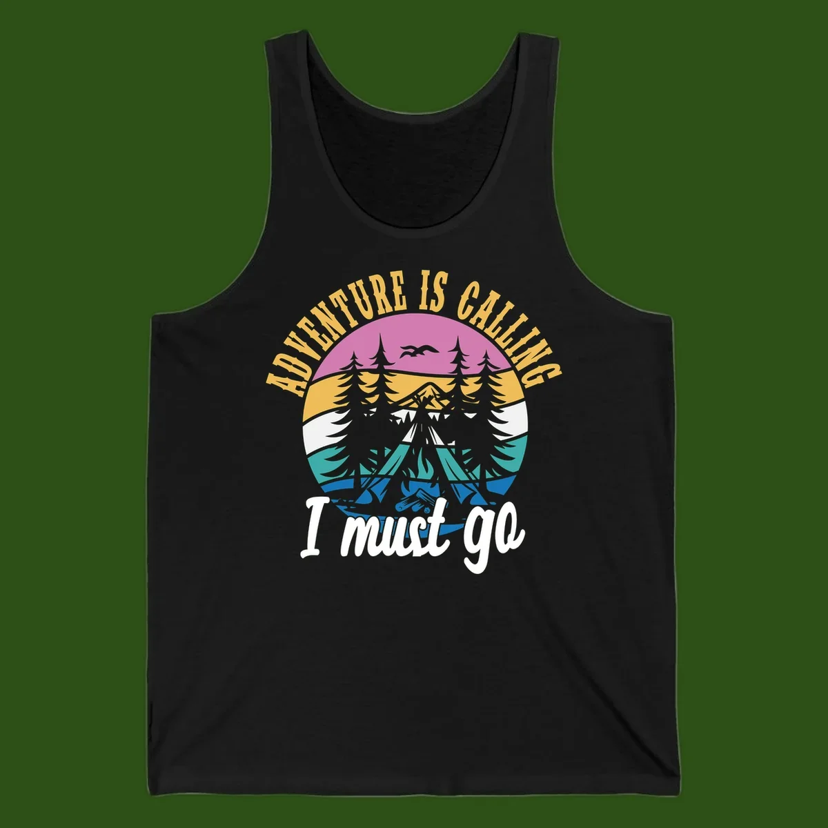 Circular badge with mountain landscape, evergreen trees, and flying birds in pink, gold, white, teal and blue with text 'Adventure Is Calling I Must Go'