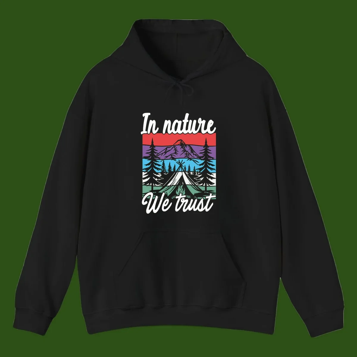 Layered landscape illustration with tent, campfire, mountains and forest trees across color bands with 'In nature We trust' text.