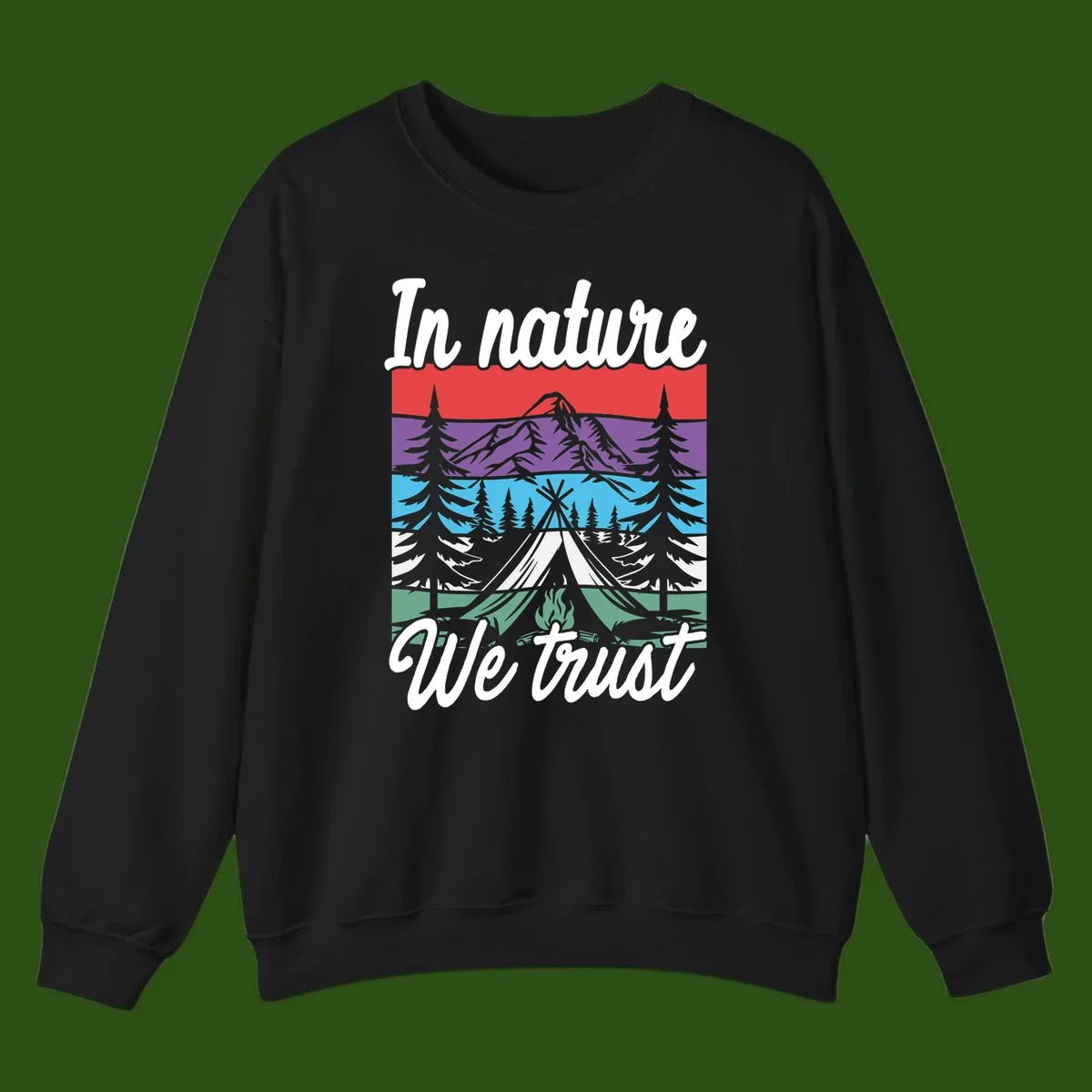Layered landscape illustration with tent, campfire, mountains and forest trees across color bands with 'In nature We trust' text.