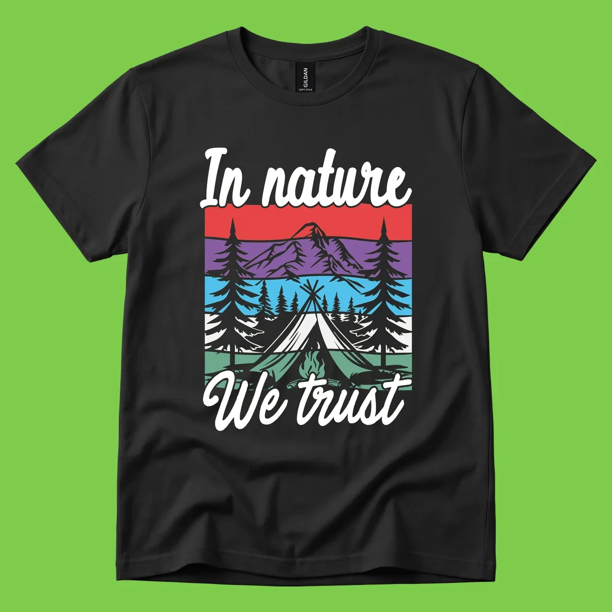 Layered landscape illustration with tent, campfire, mountains and forest trees across color bands with 'In nature We trust' text.