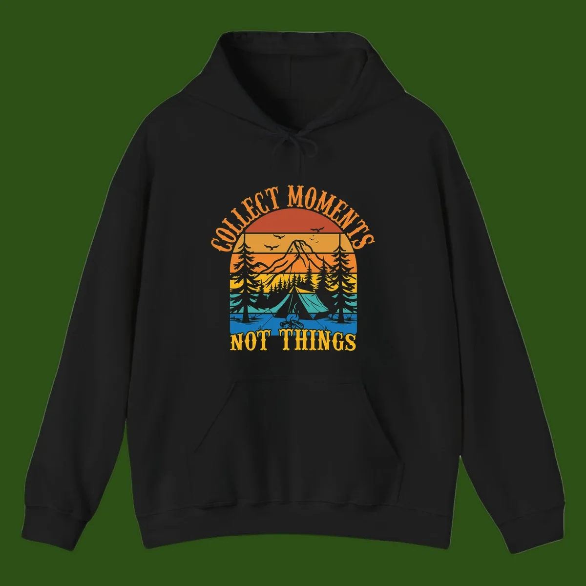 Retro layered landscape showing sunset, mountains, forest, tent and campfire with 'Quiet Mornings Not Things' text