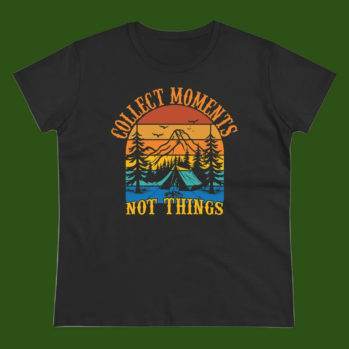 Retro layered landscape showing sunset, mountains, forest, tent and campfire with 'Quiet Mornings Not Things' text