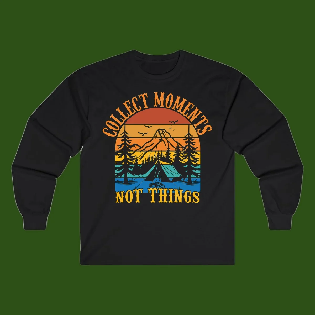 Retro layered landscape showing sunset, mountains, forest, tent and campfire with 'Quiet Mornings Not Things' text