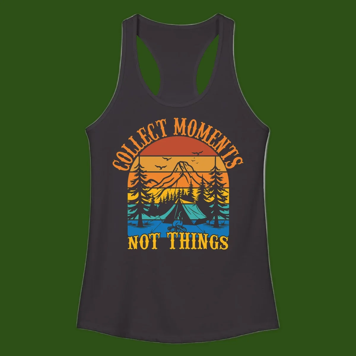 Retro layered landscape showing sunset, mountains, forest, tent and campfire with 'Quiet Mornings Not Things' text