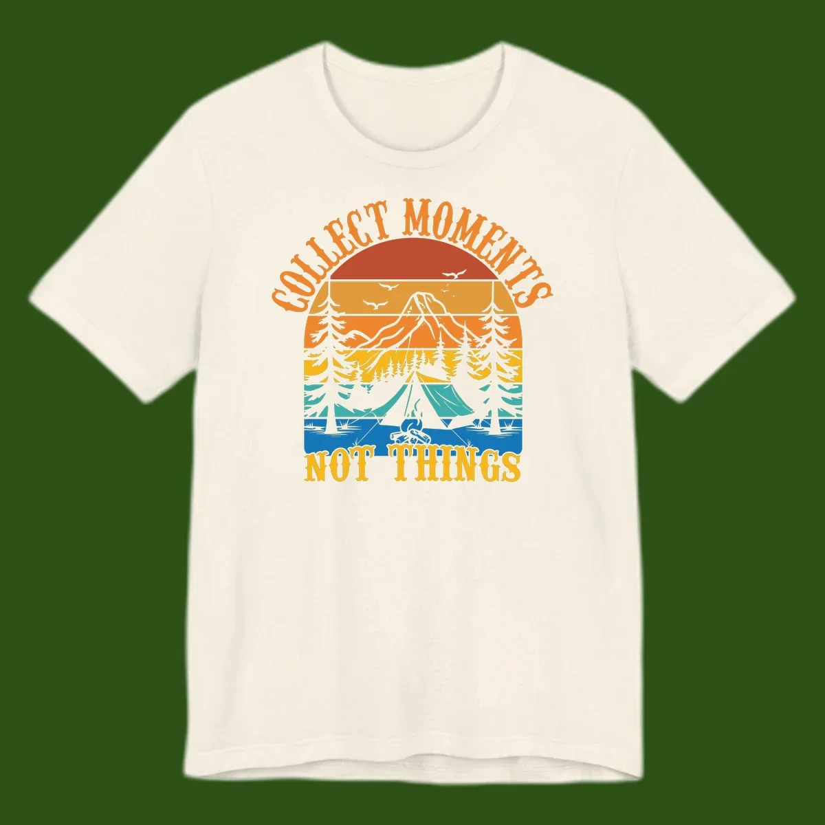 Retro layered landscape showing sunset, mountains, forest, tent and campfire with 'Quiet Mornings Not Things' text
