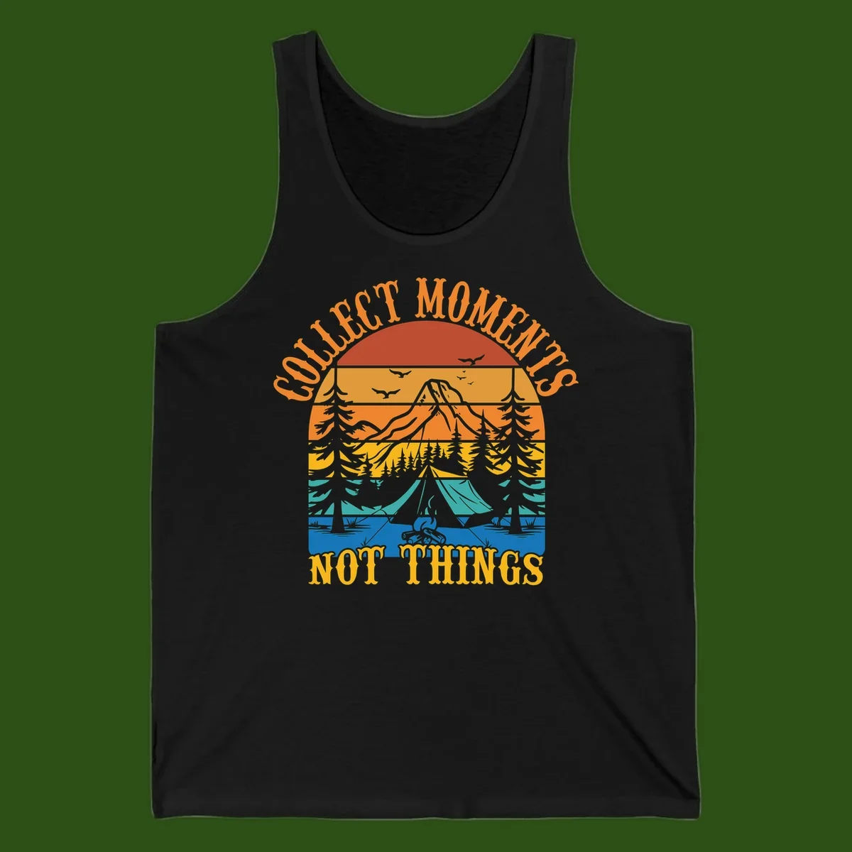 Retro layered landscape showing sunset, mountains, forest, tent and campfire with 'Quiet Mornings Not Things' text