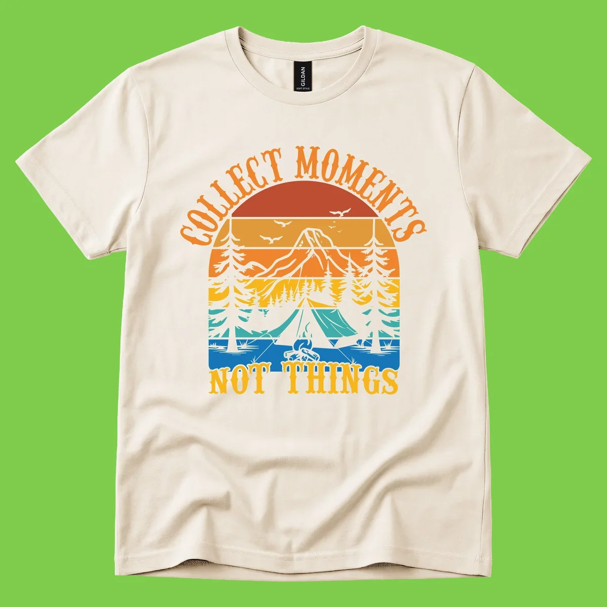 Retro layered landscape showing sunset, mountains, forest, tent and campfire with 'Quiet Mornings Not Things' text