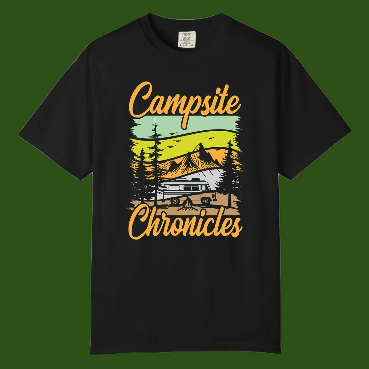 Retro layered landscape illustration with campsite chronicles camping van, mountains, forest, and campfire in warm earth tones.