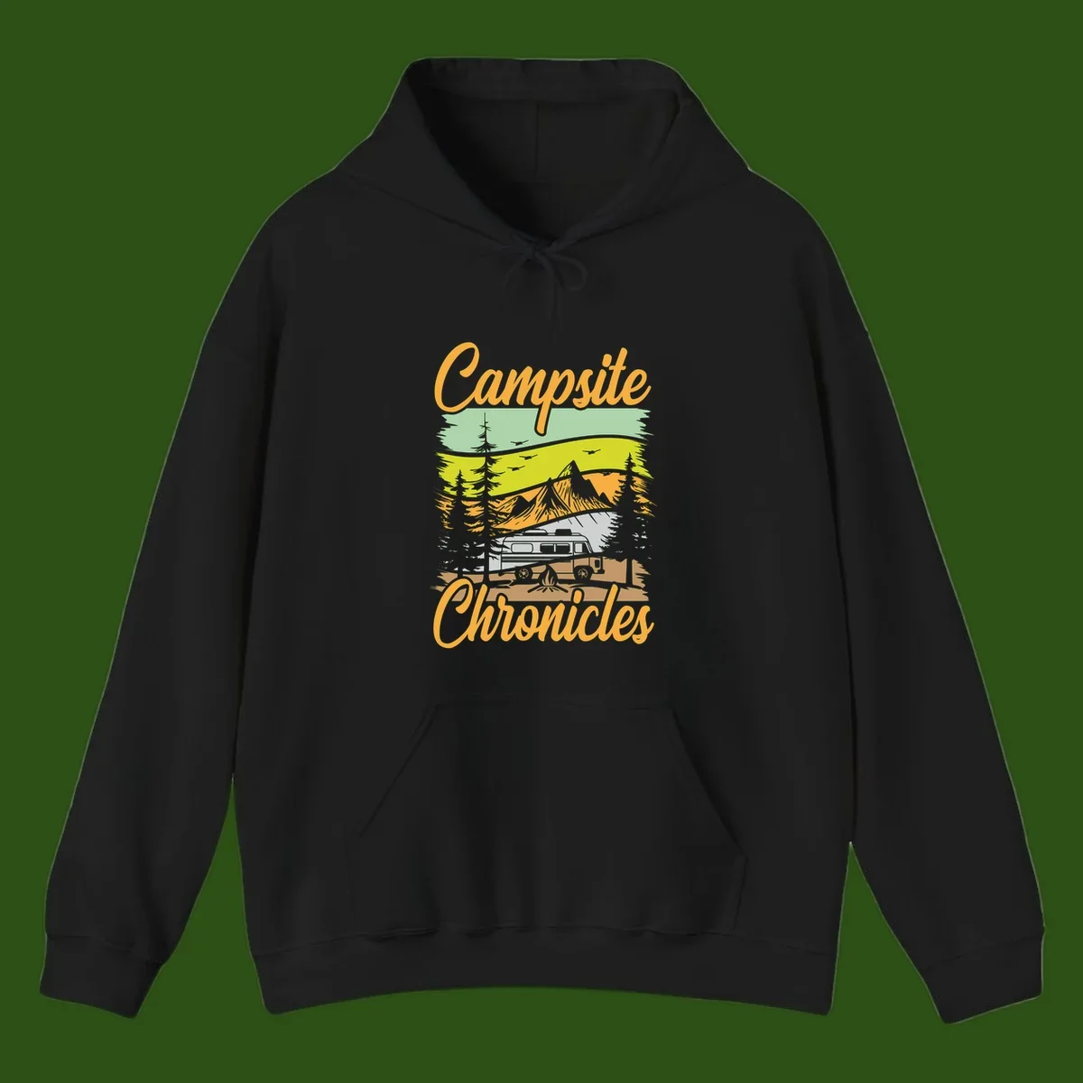 Retro layered landscape illustration with campsite chronicles camping van, mountains, forest, and campfire in warm earth tones.