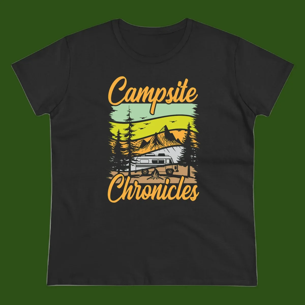 Retro layered landscape illustration with campsite chronicles camping van, mountains, forest, and campfire in warm earth tones.