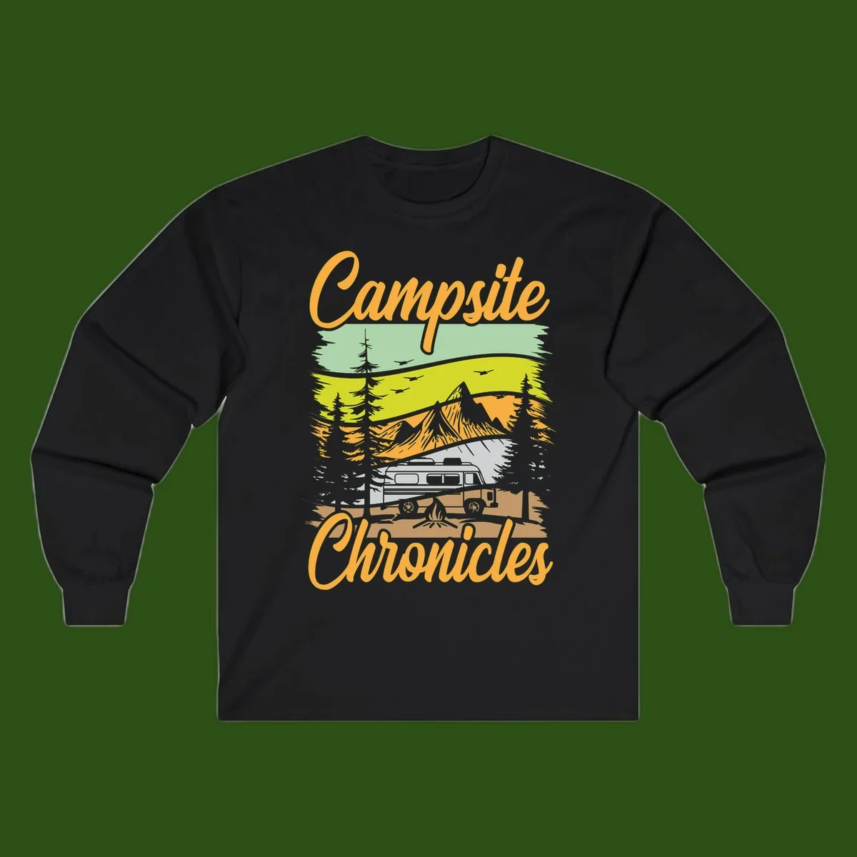 Retro layered landscape illustration with campsite chronicles camping van, mountains, forest, and campfire in warm earth tones.