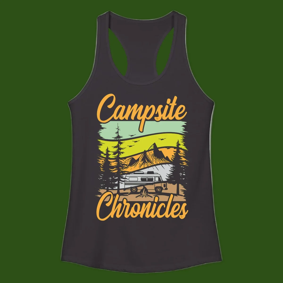 Retro layered landscape illustration with campsite chronicles camping van, mountains, forest, and campfire in warm earth tones.