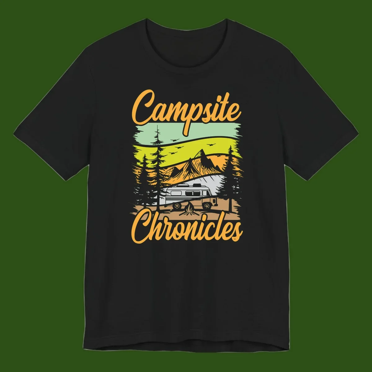 Retro layered landscape illustration with campsite chronicles camping van, mountains, forest, and campfire in warm earth tones.