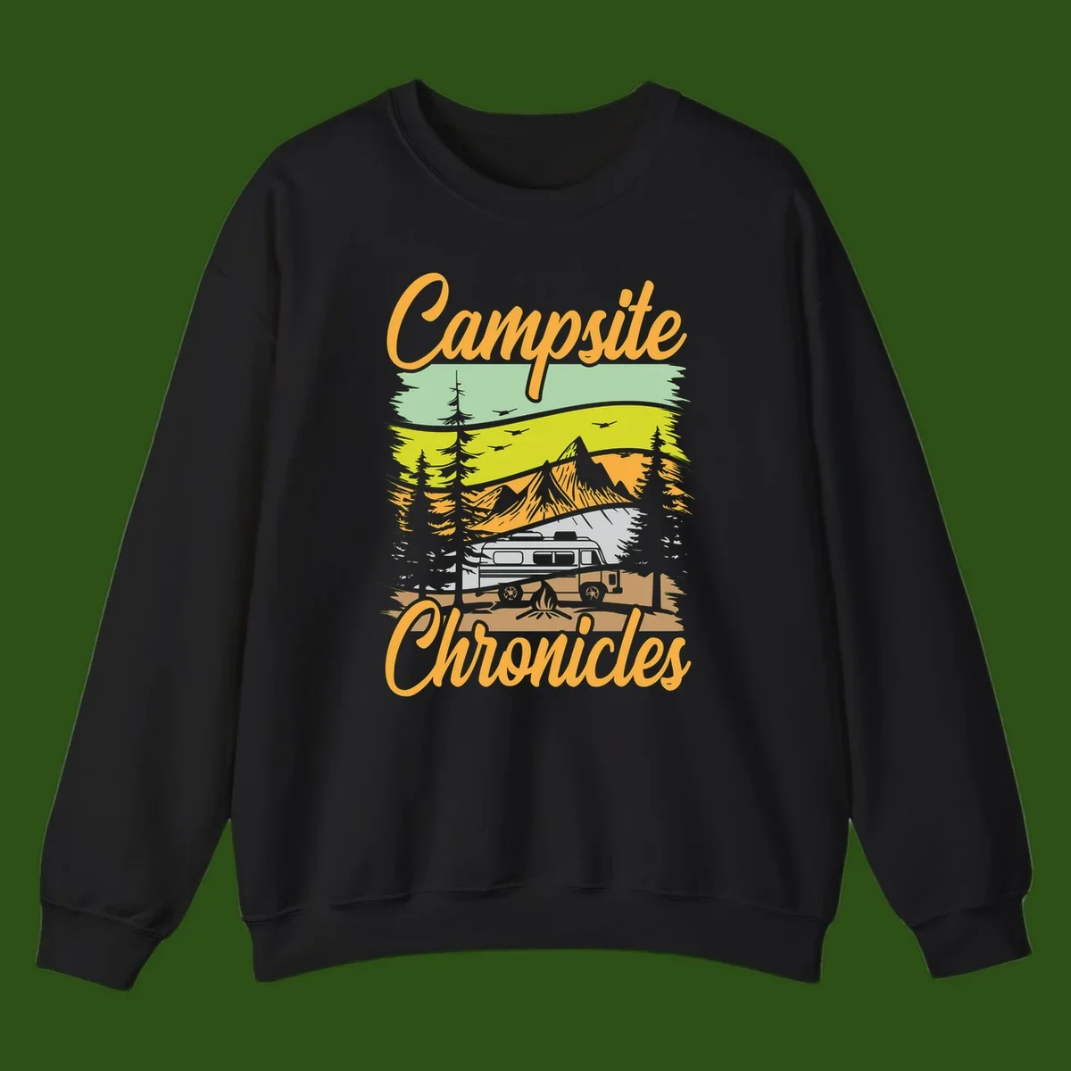 Retro layered landscape illustration with campsite chronicles camping van, mountains, forest, and campfire in warm earth tones.