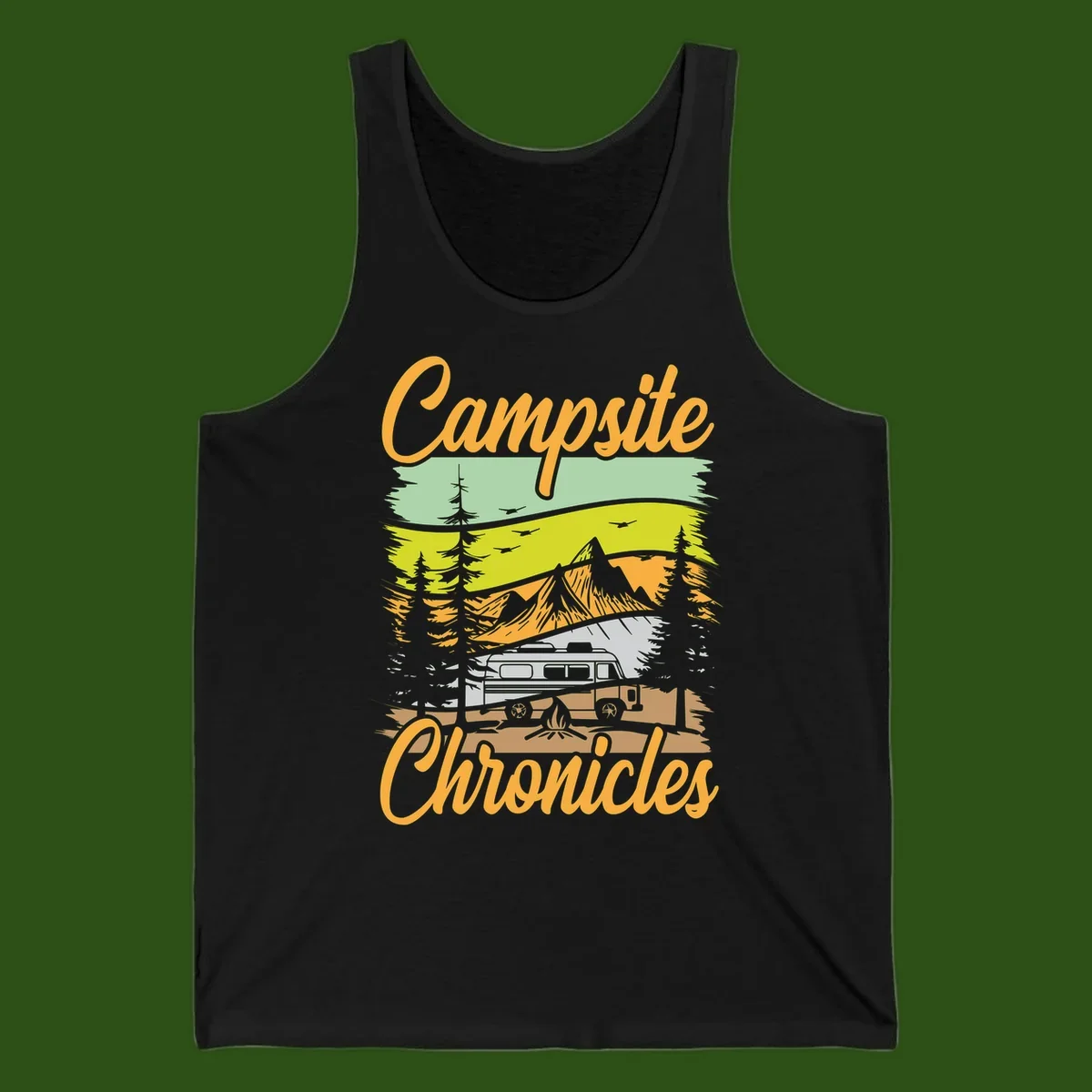 Retro layered landscape illustration with campsite chronicles camping van, mountains, forest, and campfire in warm earth tones.