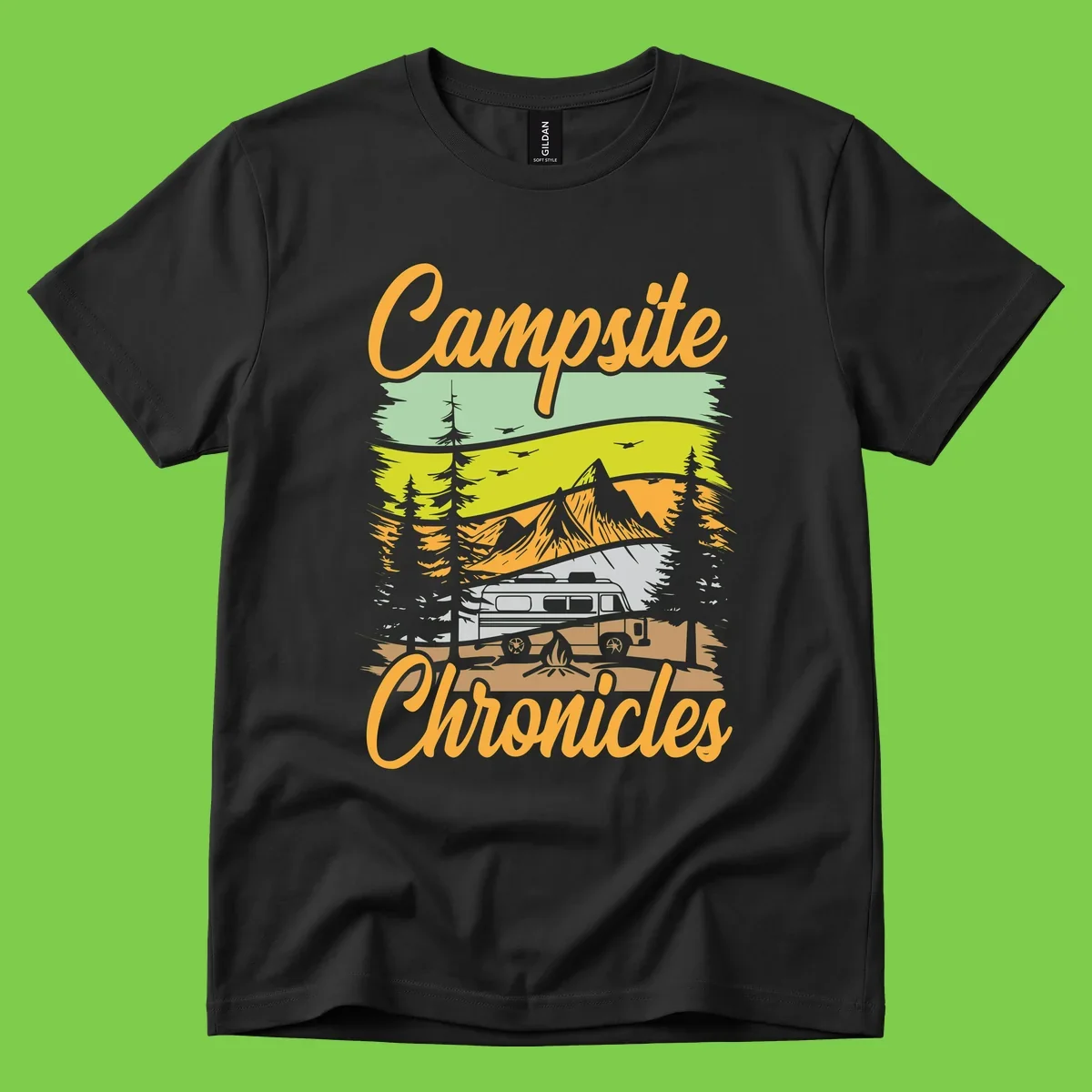 Retro layered landscape illustration with campsite chronicles camping van, mountains, forest, and campfire in warm earth tones.