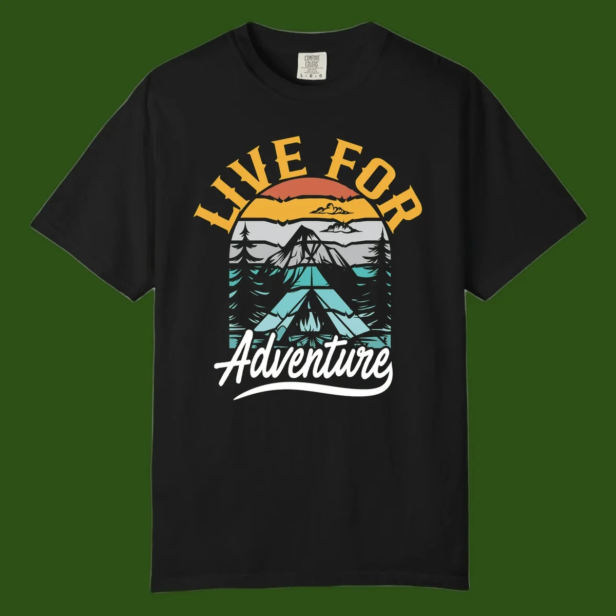 Live for adventure mountain landscape design with layered peaks, camping tent, forests, and golden sun rays.