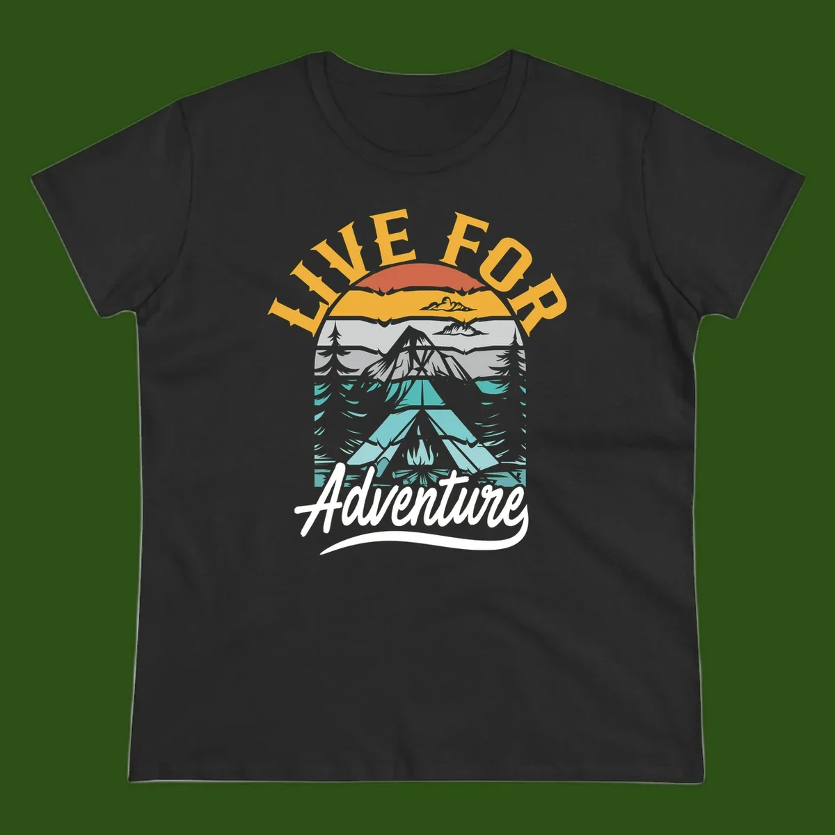 Live for adventure mountain landscape design with layered peaks, camping tent, forests, and golden sun rays.