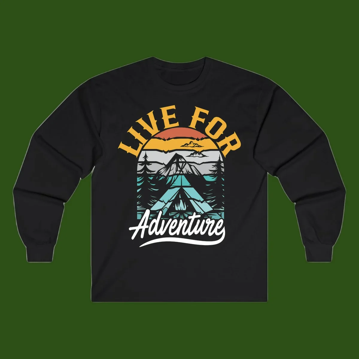 Live for adventure mountain landscape design with layered peaks, camping tent, forests, and golden sun rays.